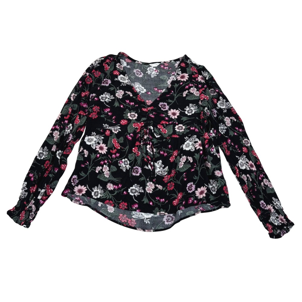 Aeropostale Womens Floral V-Neck Drawstring Front Romantic Rayon Blouse Black L